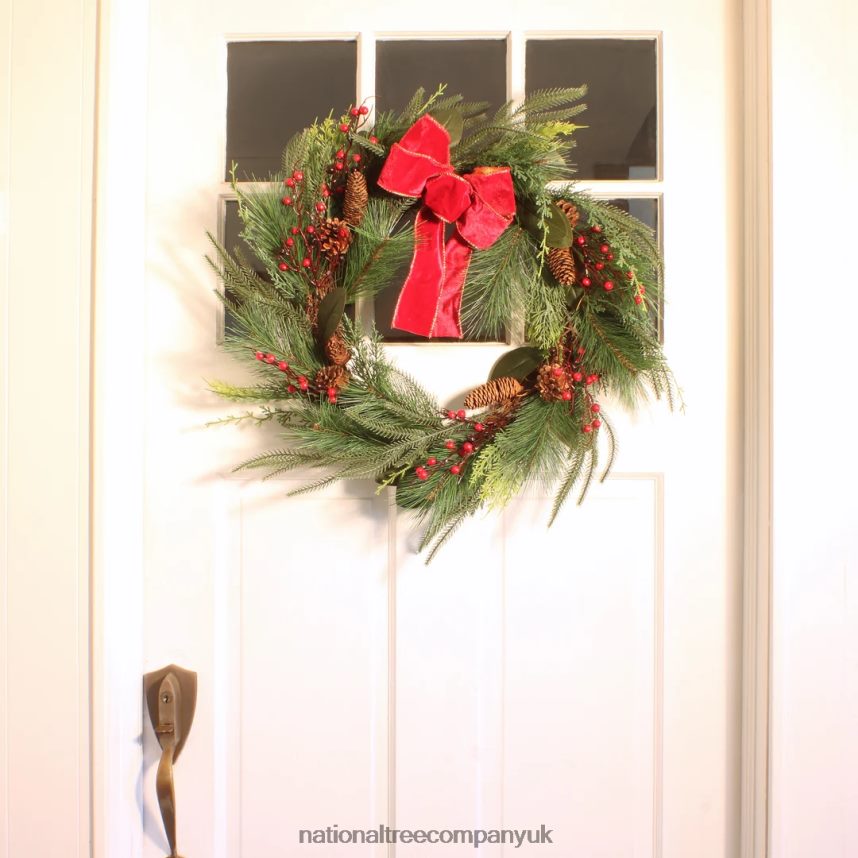Greenery | National Tree Company Artificial Christmas Mixed Pine Bristle Branch Wreath Decorated with Red Bow Berries and Pinecones 26 in F2L4F323